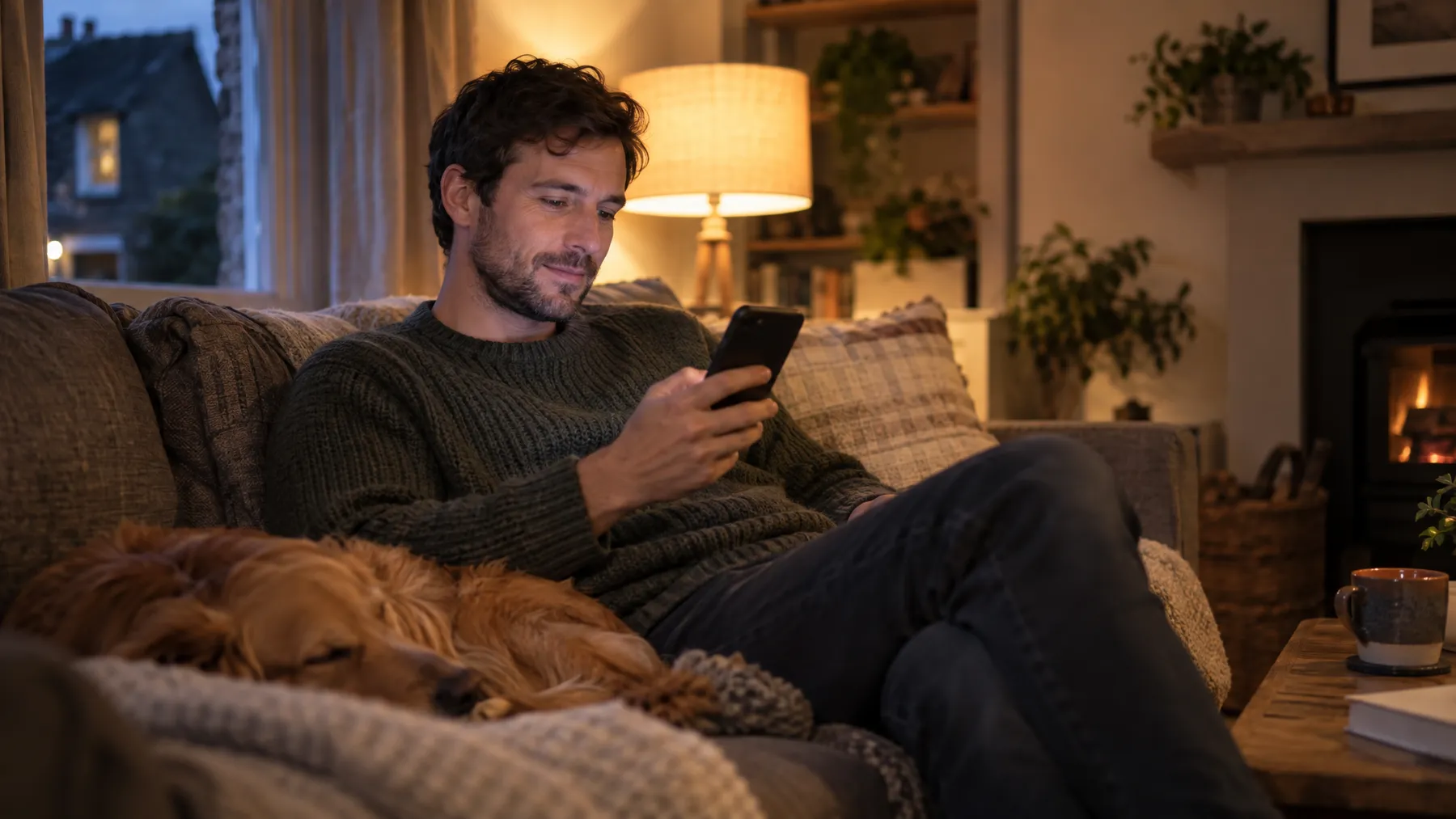 A man relaxing on a sofa at home, asking his phone a question, with his dog asleep beside him