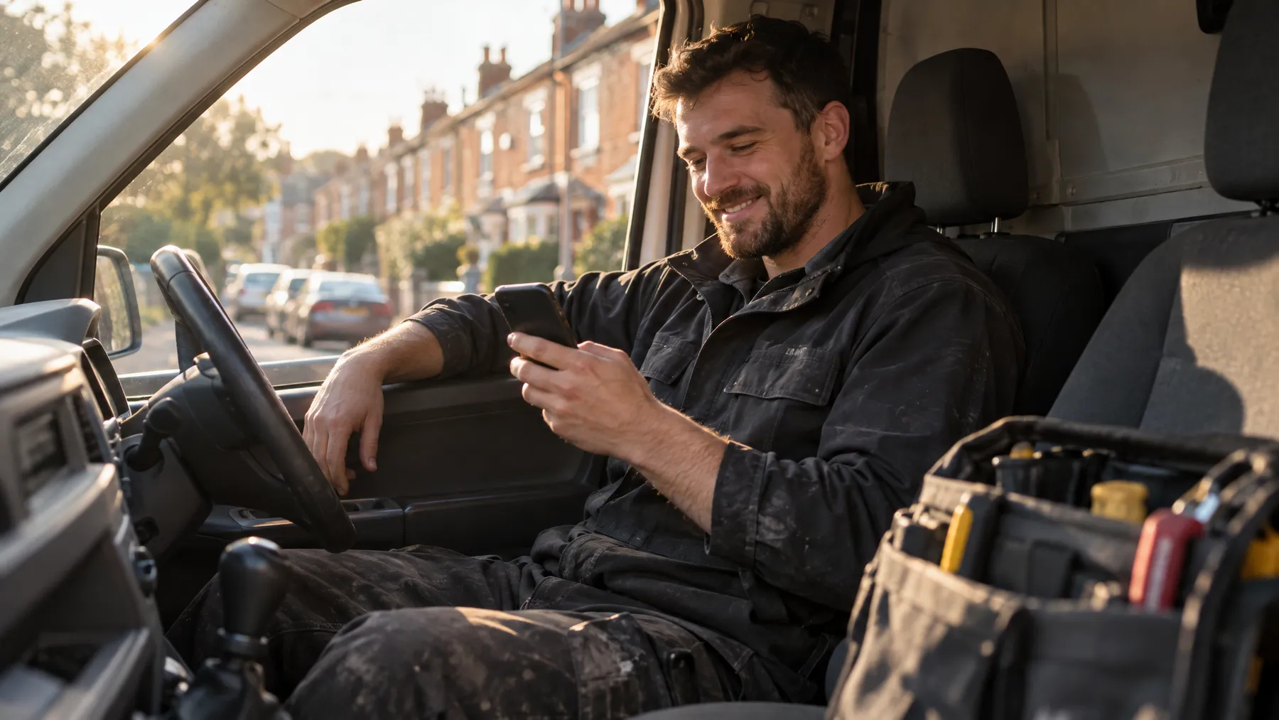 A tradesperson sits in the cab of a van after a job, smiling at their phone.
