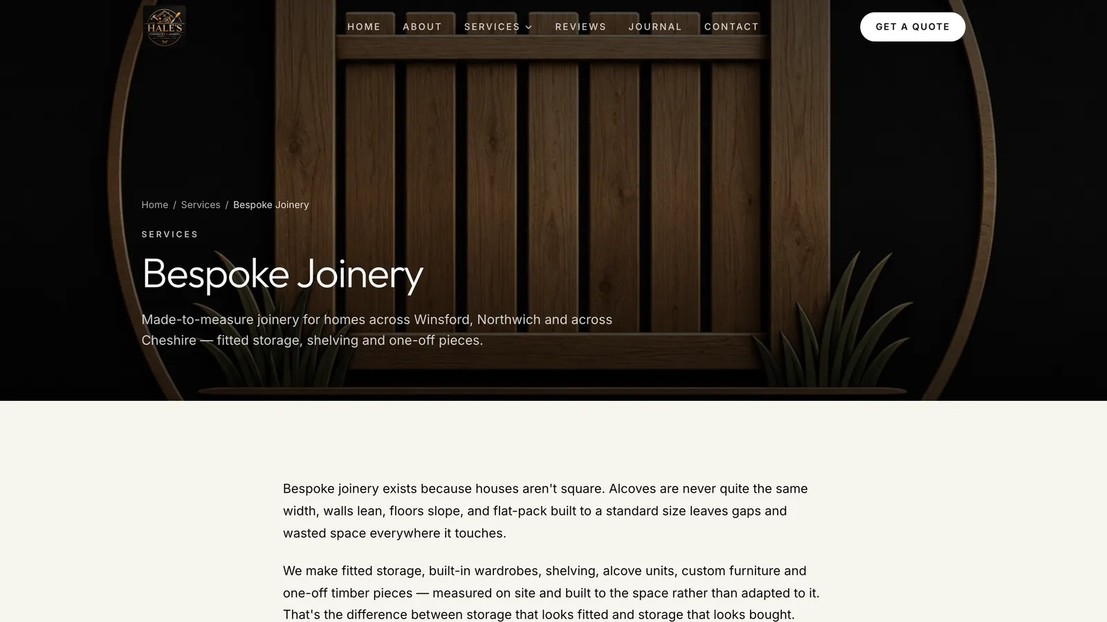 The Bespoke Joinery page of Hale’s Carpentry & Joinery’s website, built by LocalQuiver, showing a timber gate in a round wooden frame