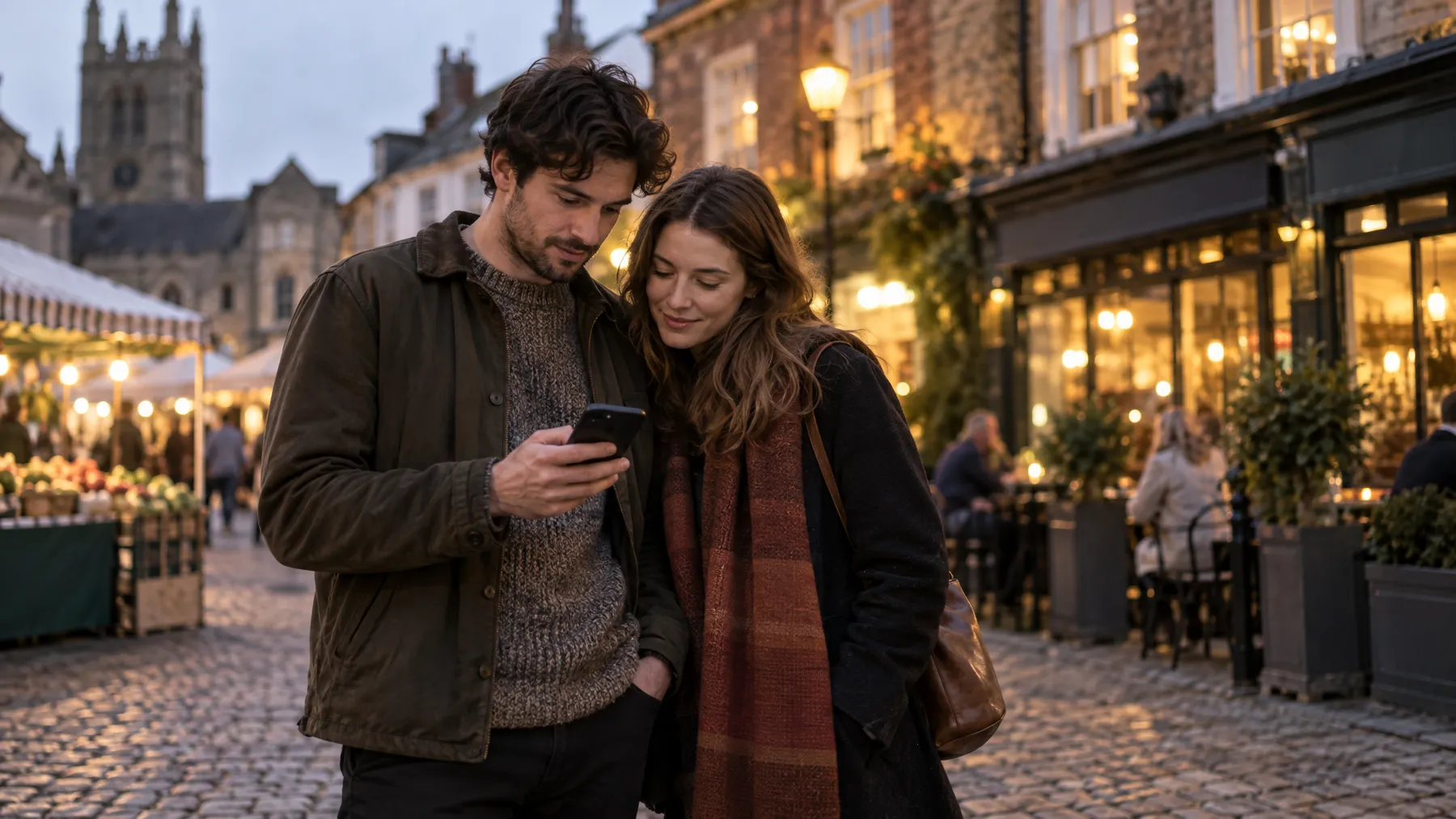 A couple standing on a cobbled market square, looking at a phone together to choose somewhere to eat