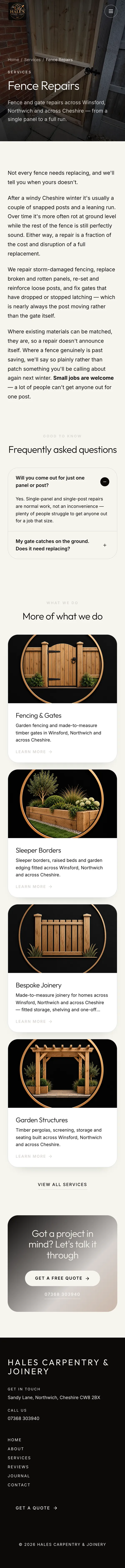 Hale’s Fence Repairs page scrolling on a phone