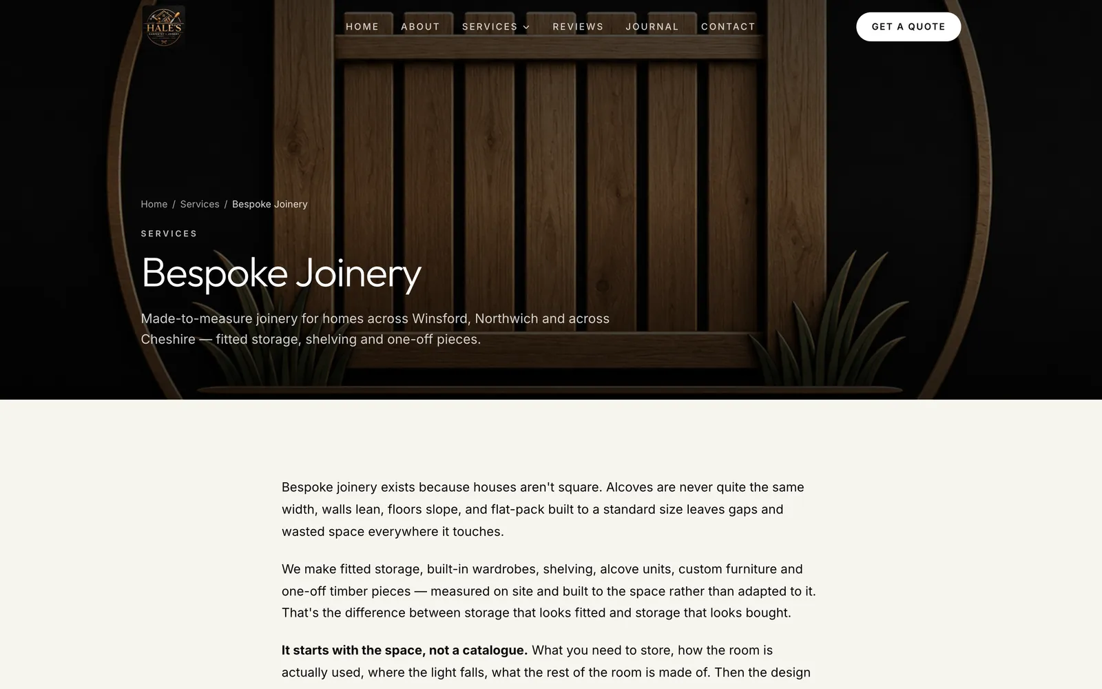Hale’s Bespoke Joinery service page on a laptop