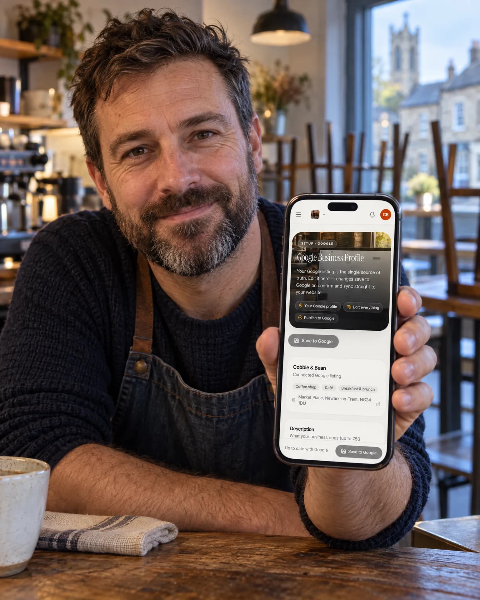 The owner of Cobble & Bean, in a denim apron, checking the café’s Google profile on his phone at the counter before opening