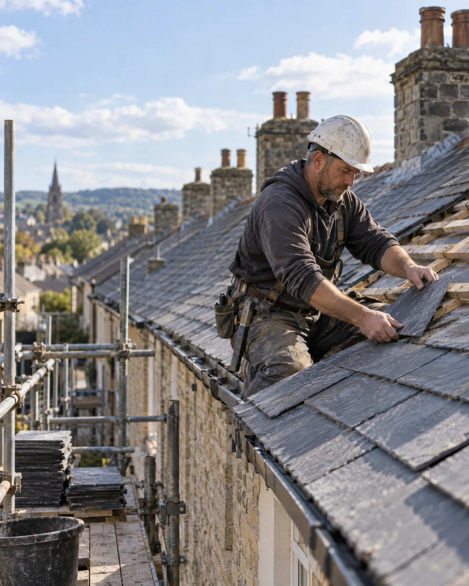 A roofer in a white hard hat laying slates on a terraced house roof, with scaffolding, stacked slates and stone chimneys around him