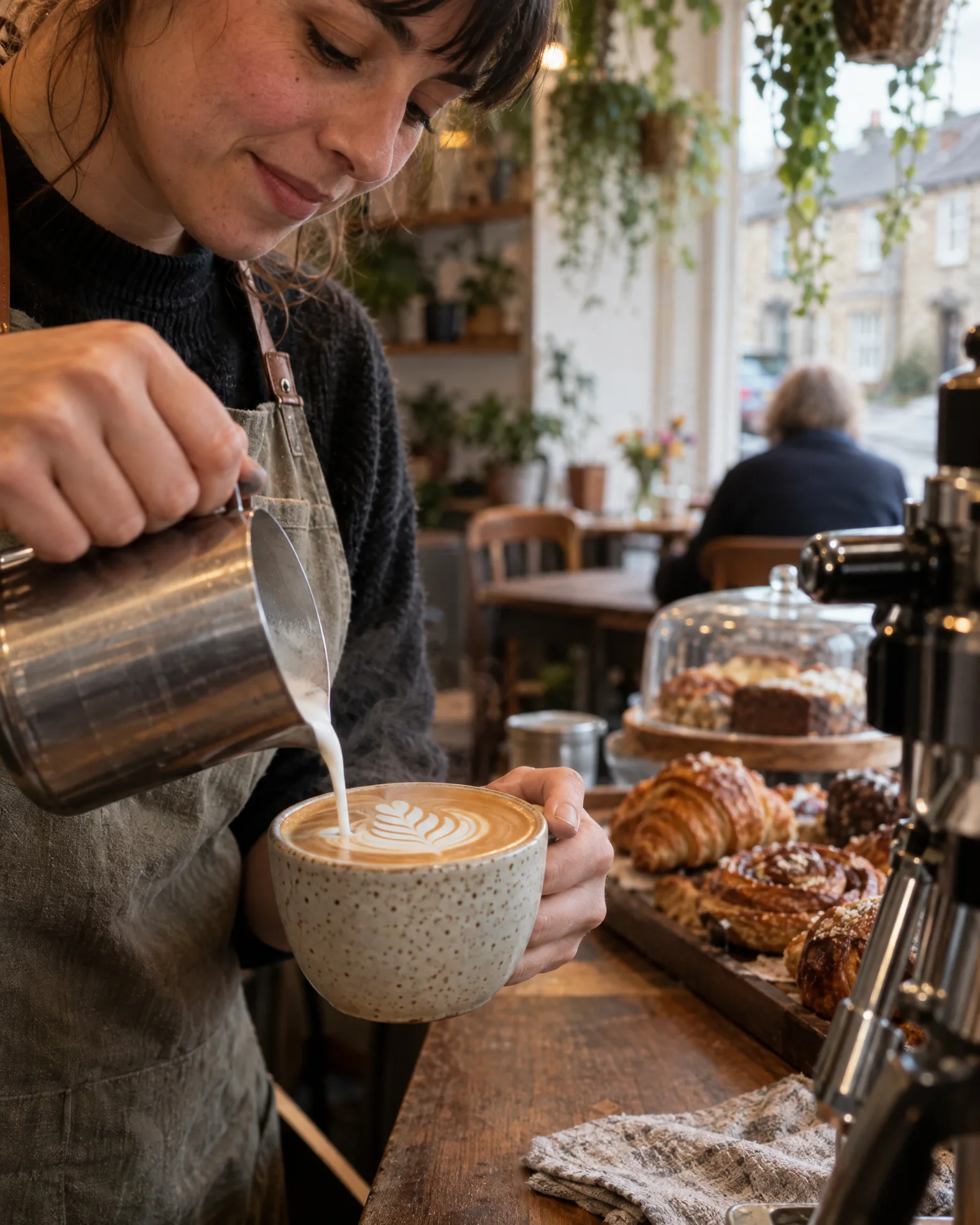 A barista pouring latte art into a speckled cup beside a counter of croissants, cinnamon buns and cakes