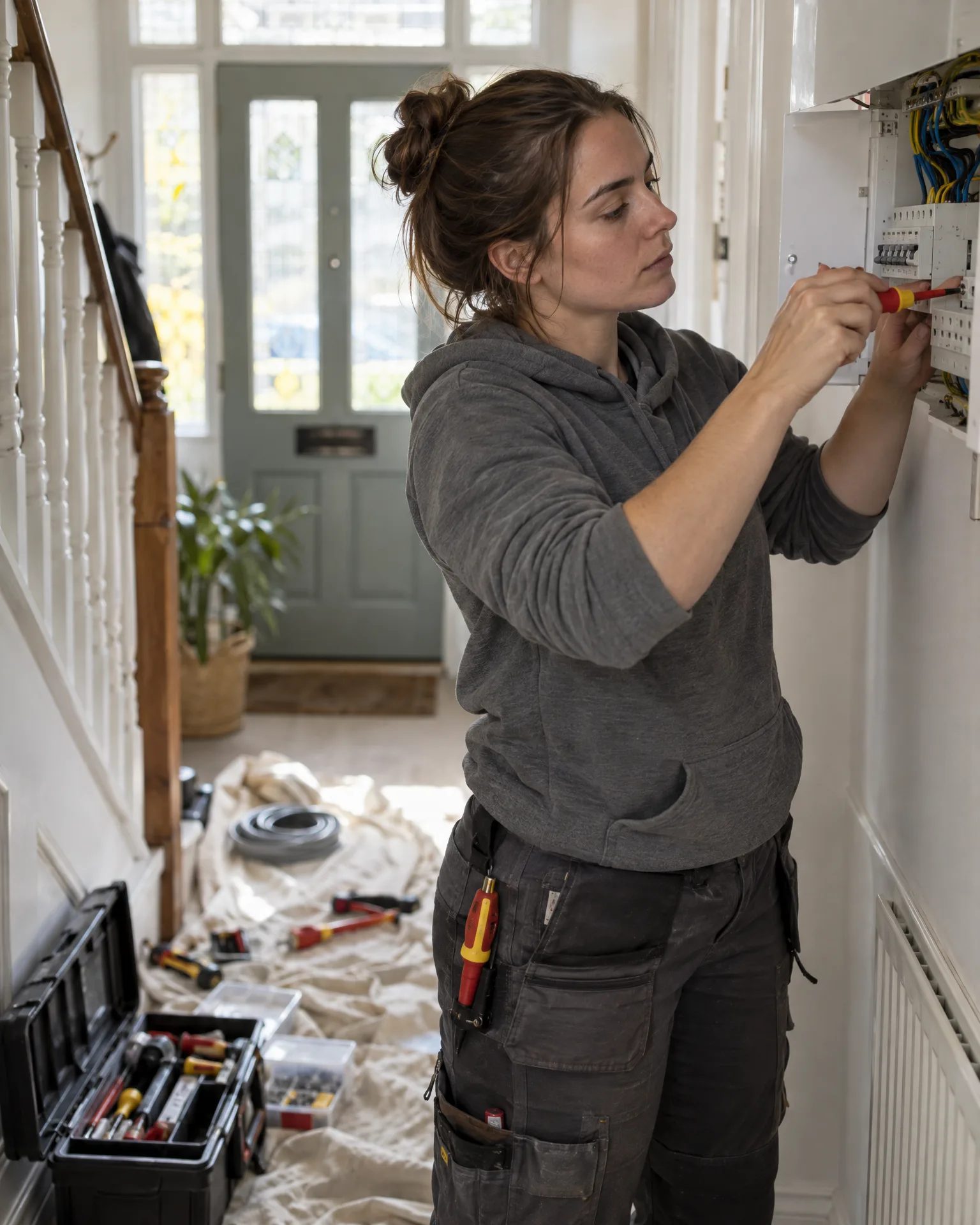 An electrician working on a consumer unit in the hallway of a period home, with her tools laid out on a dust sheet