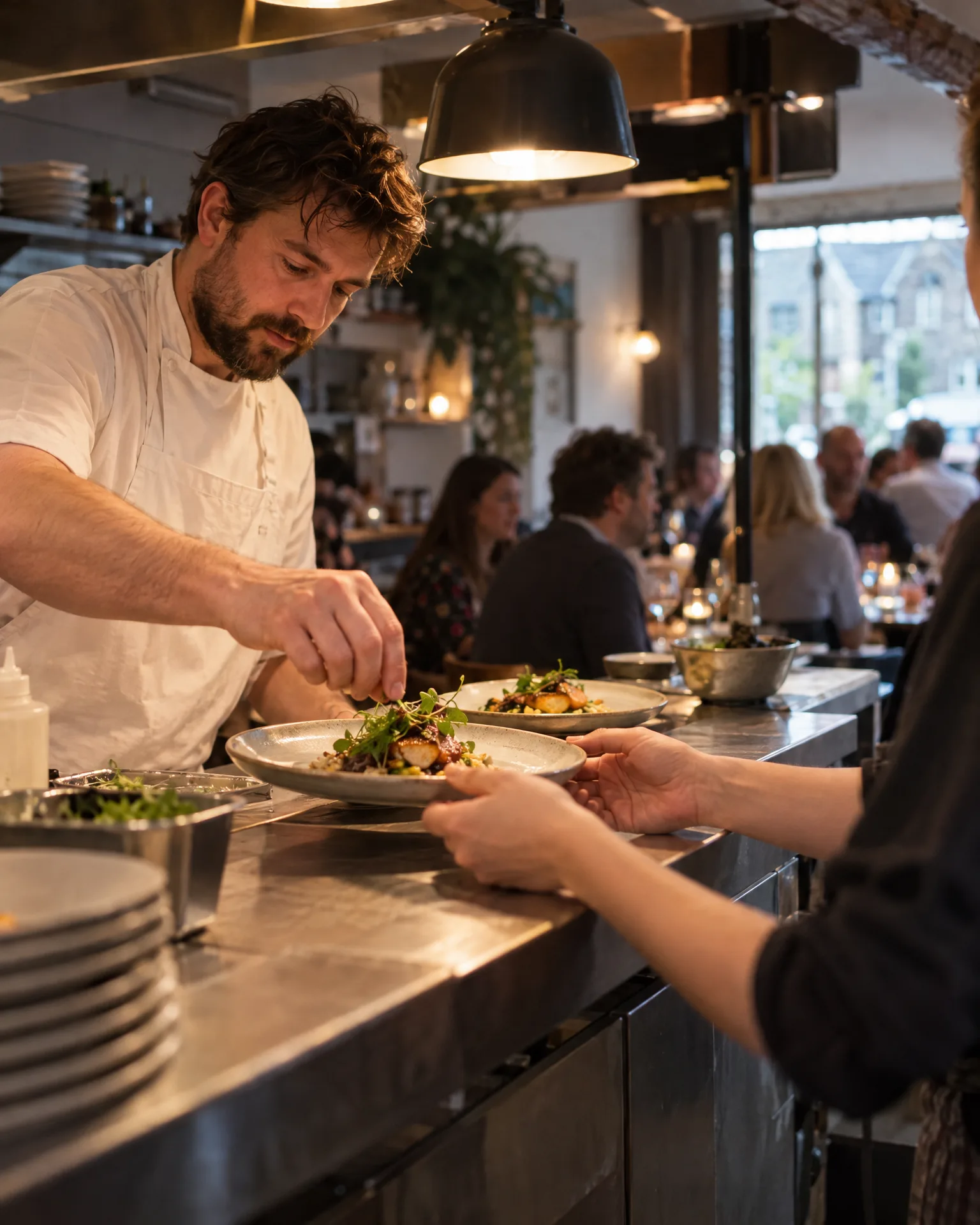 A chef finishing a plate at the pass as a server reaches for it, with diners at candlelit tables behind
