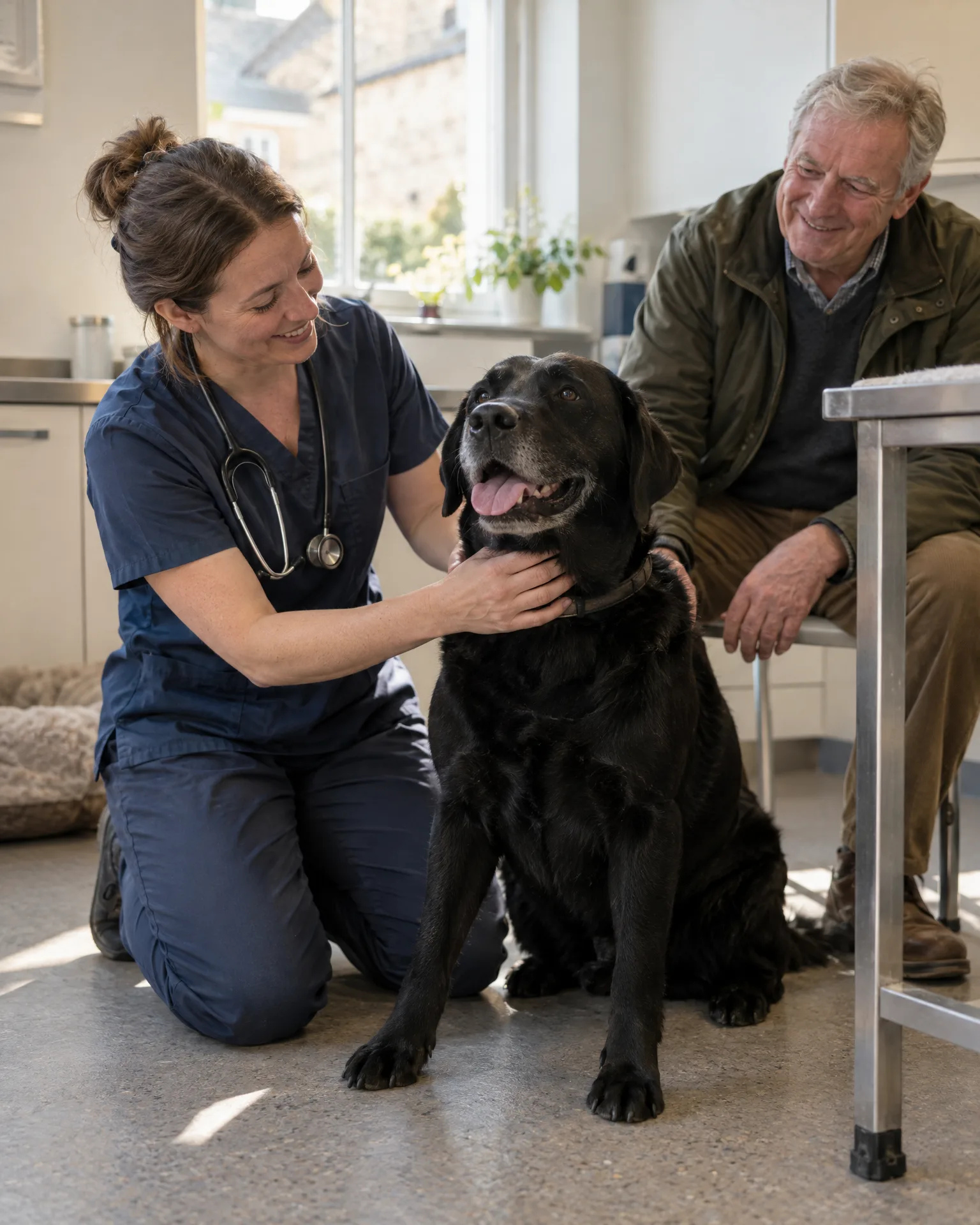 A smiling vet kneeling on the consulting room floor with a black Labrador while its owner looks on