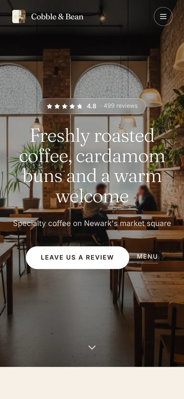 A café website on a phone, showing a star rating, the headline and the café's location above a single main button
