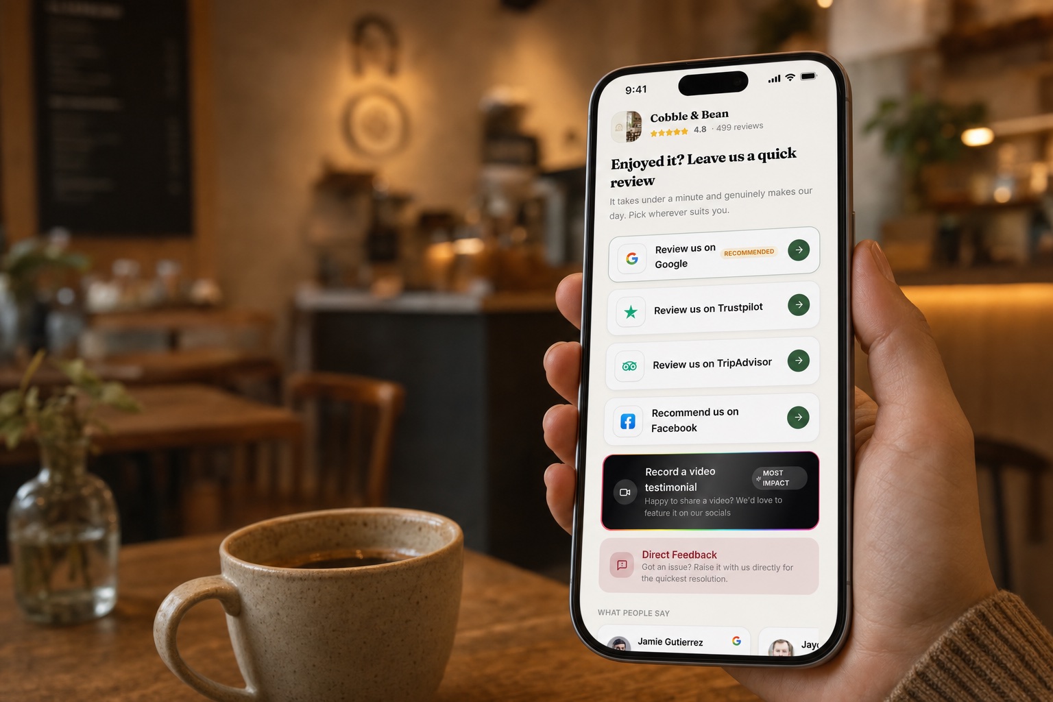 The branded review-link page with a logo, Google review button and recent reviews