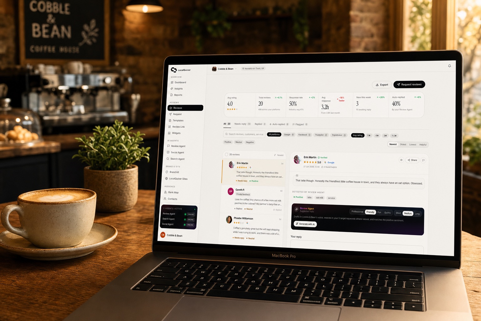 The review inbox showing Google, Trustpilot, TripAdvisor and Facebook reviews in one list
