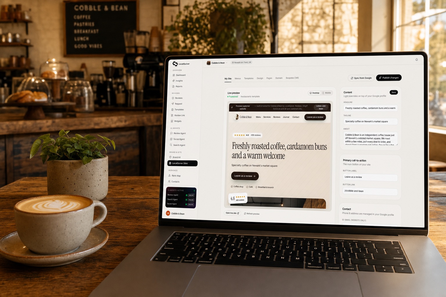 The website builder, with a site assembled from a Google Business Profile
